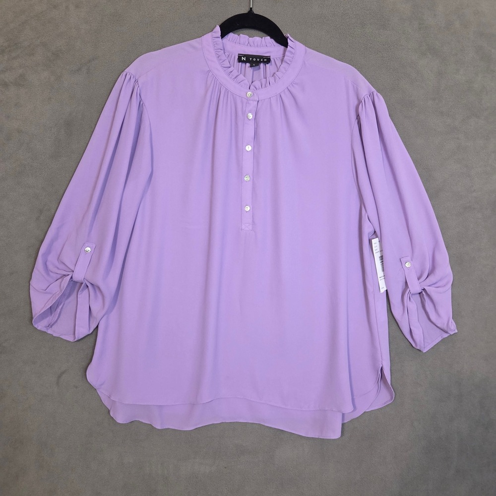 N Touch Ruffle Neck Roll‎ Tab Sleeves Blouse Women's Size Large Office Classic